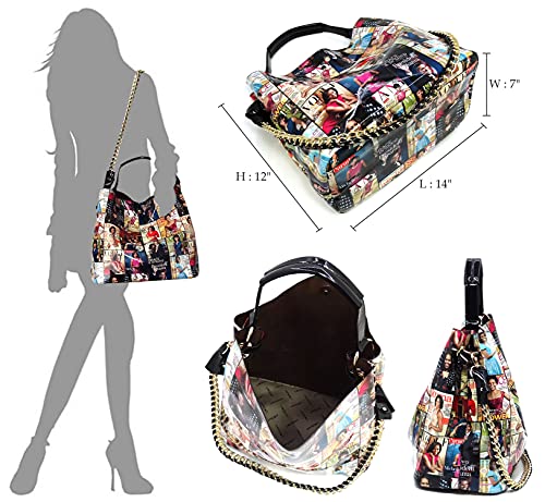 2PCS SET Michelle Obama Pop Art Print Collage 2-in-1 Satchel Bag,Clutch,Wallet 2pcs set (Hobo-Multi/red)