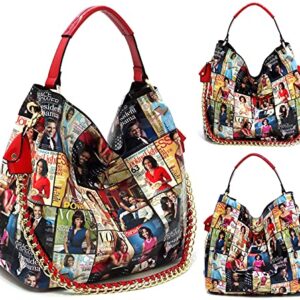 2PCS SET Michelle Obama Pop Art Print Collage 2-in-1 Satchel Bag,Clutch,Wallet 2pcs set (Hobo-Multi/red)