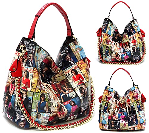 2PCS SET Michelle Obama Pop Art Print Collage 2-in-1 Satchel Bag,Clutch,Wallet 2pcs set (Hobo-Multi/red)