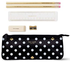 kate spade new york pen and pencil case with school supplies, zip pouch includes 2 pencils, sharpener, eraser, and ruler, polka dots (black/white)