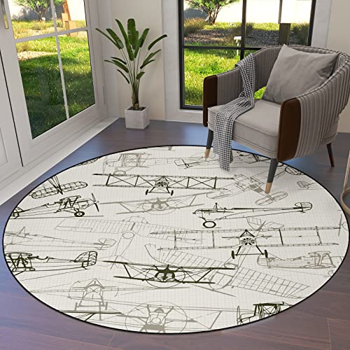Round Area Rugs Children Crawling Mat Non-Slip Mat,Airplane Residential Carpet for Living Dining Room Kitchen Rugs Decor,Old Fashioned Airplanes in Hand Drawn Style Vintage Transportation,5Ft(60In）