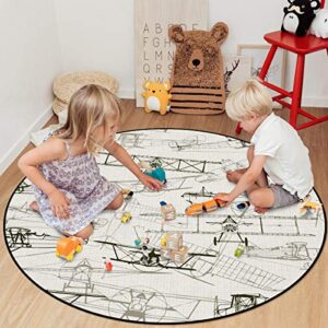 Round Area Rugs Children Crawling Mat Non-Slip Mat,Airplane Residential Carpet for Living Dining Room Kitchen Rugs Decor,Old Fashioned Airplanes in Hand Drawn Style Vintage Transportation,5Ft(60In）