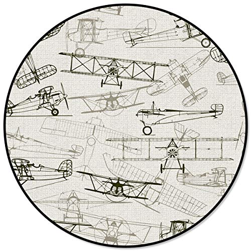 Round Area Rugs Children Crawling Mat Non-Slip Mat,Airplane Residential Carpet for Living Dining Room Kitchen Rugs Decor,Old Fashioned Airplanes in Hand Drawn Style Vintage Transportation,5Ft(60In）