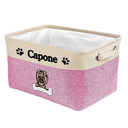 MALIHONG Personalized Foldable Storage Basket with Lovely Dog Yorkie Collapsible Sturdy Fabric Bone Pet Toys Storage Bin Cube with Handles for Organizing Shelf Home Closet, Pink and White