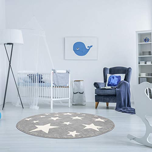 Topotdor Stars Round Rug Starry Sky Stars Area Rug Soft Durable Washable for Nursery Playroom Classroom (Grey,47 Inch)