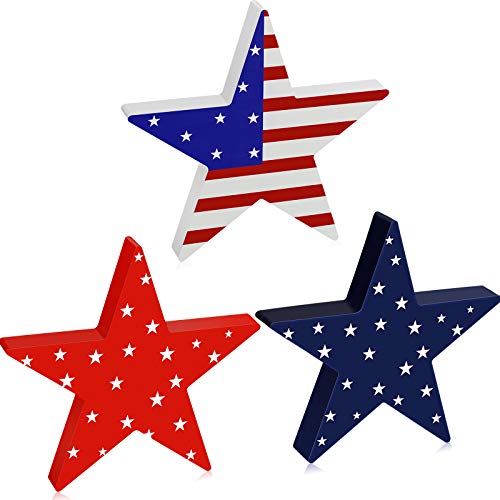 Youyole 3 Pieces Independence Day Wooden Star Blocks Patriotic Wood Star Standing Blocks 4th of July Tabletop Decor for American Festival Celebration Home Decor (American Flag Prints Series)
