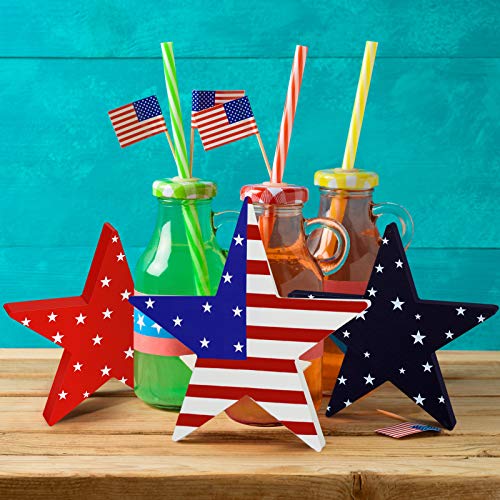 Youyole 3 Pieces Independence Day Wooden Star Blocks Patriotic Wood Star Standing Blocks 4th of July Tabletop Decor for American Festival Celebration Home Decor (American Flag Prints Series)