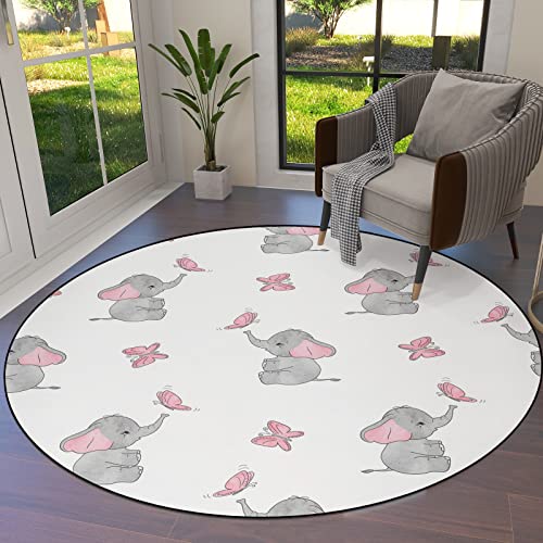 OUR DREAMS Round Area Rugs Children Crawling Mat,Elephant Nursery Decor Residential Carpet for Living Dining Room Kitchen Rugs Decor,Baby Elephants Playing with Butterflies Lovely Kids Room,5Ft(60In