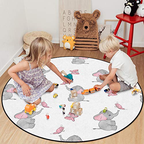 OUR DREAMS Round Area Rugs Children Crawling Mat,Elephant Nursery Decor Residential Carpet for Living Dining Room Kitchen Rugs Decor,Baby Elephants Playing with Butterflies Lovely Kids Room,5Ft(60In