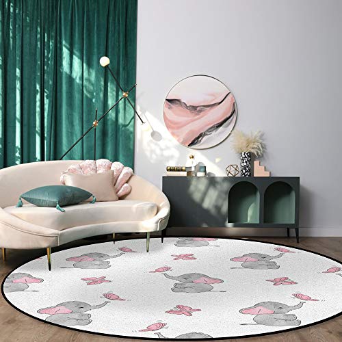 OUR DREAMS Round Area Rugs Children Crawling Mat,Elephant Nursery Decor Residential Carpet for Living Dining Room Kitchen Rugs Decor,Baby Elephants Playing with Butterflies Lovely Kids Room,5Ft(60In