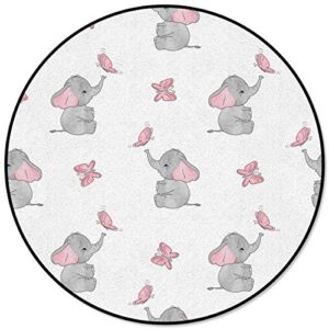 OUR DREAMS Round Area Rugs Children Crawling Mat,Elephant Nursery Decor Residential Carpet for Living Dining Room Kitchen Rugs Decor,Baby Elephants Playing with Butterflies Lovely Kids Room,5Ft(60In