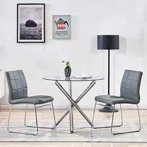 bacyion modern 3 pieces round glass dining table set for 2, kitchen table with 3 legs,tempered glass top + 2 grey faux leather dining chairs, dining room table and chairs set for home small space