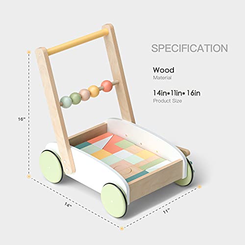 ROBUD Wooden Baby Push Walker, Baby Learning Walking Toys, 1st Birthday 1 2 3 Year Old Boys Girls Gifts, with Wooden Building Block