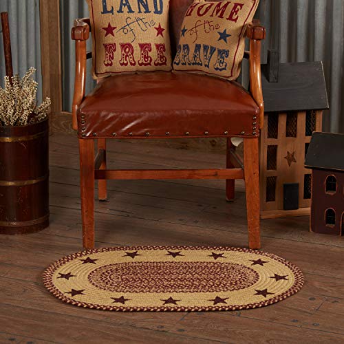 VHC Brands Burgundy Tan Jute Rug Oval Stencil Stars w/Pad 20x30