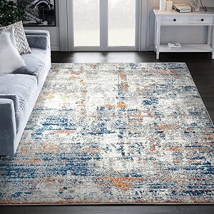 abani 5×7 (5’3″ x 7’6″) blue, grey & orange area rug, abstract vintage rugs contemporary living room area carpet