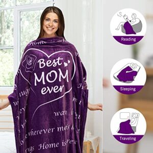 BESTSWEETIE Gifts for Mom Blanket - Best Mom Ever - Mom Birthday Gifts from Daughter Son Mom Gifts for Women After Birth Fuzzy Throw Blankets for Mom Wife Friend 50"x 60" Purple