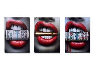 red lips series: 【bite】-spray painting core modern fashion sexy red lips nordic style room decoration painting wall painting wall art pictures set of 3（11.8″x15.75″）【no frame】