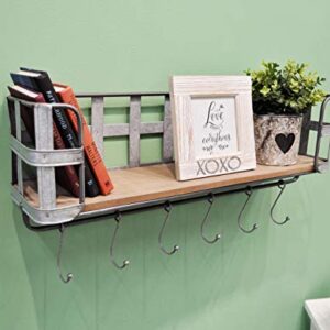 Designstyles Wall Shelf with Coat Hooks - Open Metal Rack with Wood Shelf for Storage and Display - Rustic, Vintage, Industrial, Farmhouse, Modern, Shabby Chic - Home and Office Décor