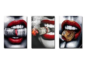 red lips series: 【luxury】-spray painting core modern fashion sexy red lips nordic style room decoration painting sofa background hd wall painting set of 3（11.8″x15.75″)【no fram