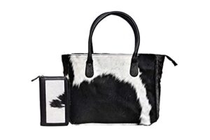 women’s western classic cowhide tote bag shoulder handbag with freebie clutch shoulder hand bag classical tote (brown black)