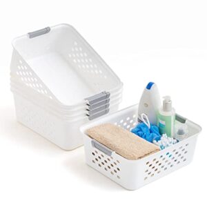 iris usa plastic storage basket, 6-pack, medium, shelf basket organizer for pantries, kitchens, cabinets and bedrooms white