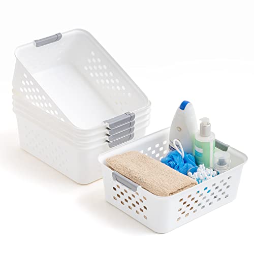 IRIS USA Plastic Storage Basket, 6-Pack, Medium, Shelf Basket Organizer for Pantries, Kitchens, Cabinets and Bedrooms White