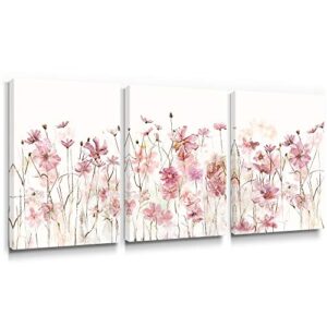 sumgar pink flower wall art bedroom 3 piece romantic floral wildflower plants nature scenery canvas prints contemporary red bloom pictures for teen girl room living room bathroom, 12 x 16 inch
