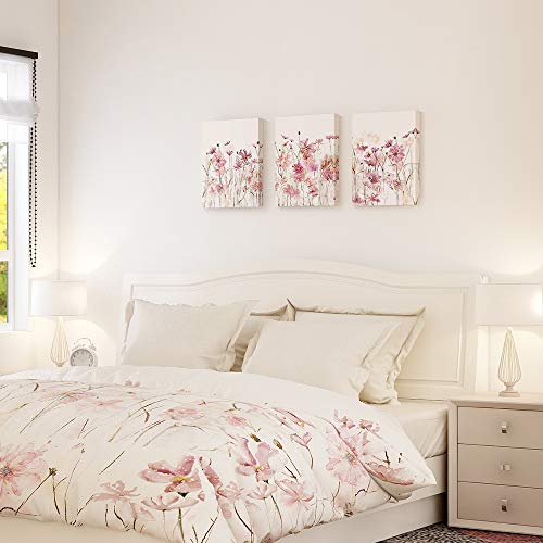 SUMGAR Pink Flower Wall Art Bedroom 3 Piece Romantic Floral Wildflower Plants Nature Scenery Canvas Prints Contemporary Red Bloom Pictures for Teen Girl Room Living Room Bathroom, 12 x 16 inch