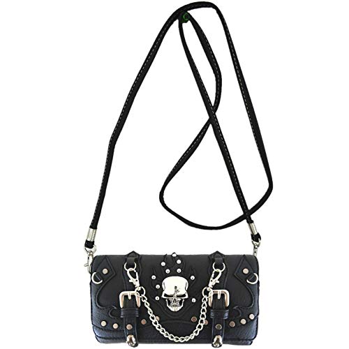 Punk Gothic Chain Skull Studded Women Wristlet Trifold Wallet Black