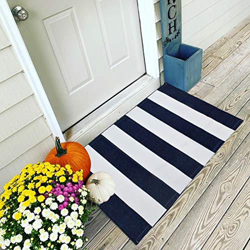 USTIDE Striped Outdoor Rug 2x3 Cotton Navy Blue and White Striped Rugs Washable Hand Woven Outdoor Doormat Layered Doormats for Porch Kitchen Farmhouse