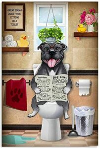 pitbull dog is reading newspaper in toilet vintage tin sign wall art plaque decoration mural funny gifts for kitchen coffee bar laundry pub home decor metal poster 8×12 inch