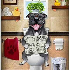 Pitbull Dog is Reading Newspaper in Toilet Vintage Tin Sign Wall Art Plaque Decoration Mural Funny Gifts for Kitchen Coffee Bar Laundry Pub Home Decor Metal Poster 8x12 Inch