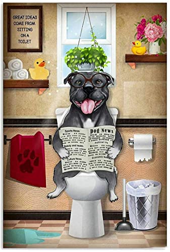 Pitbull Dog is Reading Newspaper in Toilet Vintage Tin Sign Wall Art Plaque Decoration Mural Funny Gifts for Kitchen Coffee Bar Laundry Pub Home Decor Metal Poster 8x12 Inch