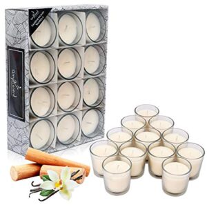 ampliscent white scented glass votive candle – set of 12 | bulk pack for weddings, bridal showers or home parties and centerpieces – sandalwood vanilla