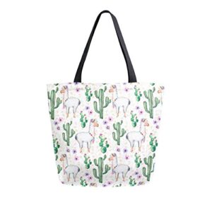 canvas shoulder bag llama cactus flower large tote handbag travel satchel for women girls