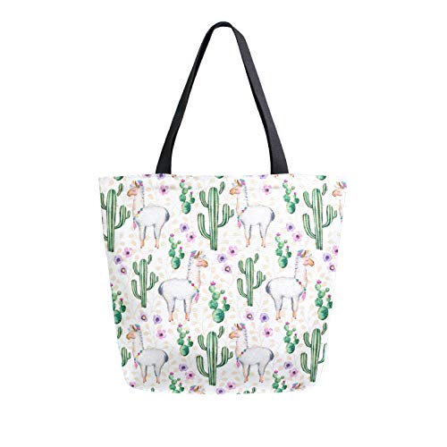 Canvas Shoulder Bag Llama Cactus Flower Large Tote Handbag Travel Satchel for Women Girls