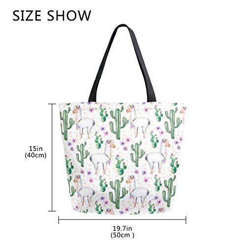 Canvas Shoulder Bag Llama Cactus Flower Large Tote Handbag Travel Satchel for Women Girls