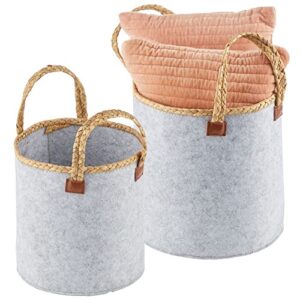 mdesign round felt basket and attached braided handles – portable and foldable for compact storage, set of 2 – gray