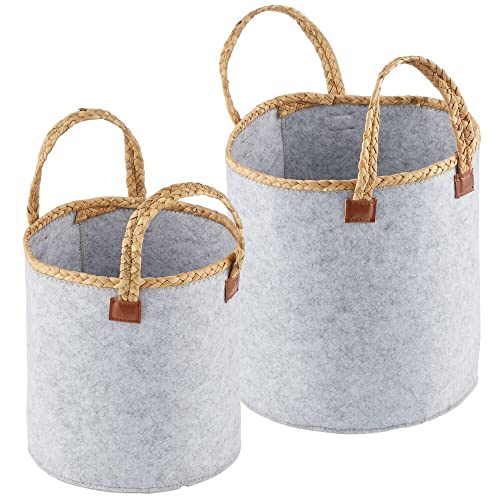 mDesign Round Felt Basket and Attached Braided Handles - Portable and Foldable for Compact Storage, Set of 2 - Gray