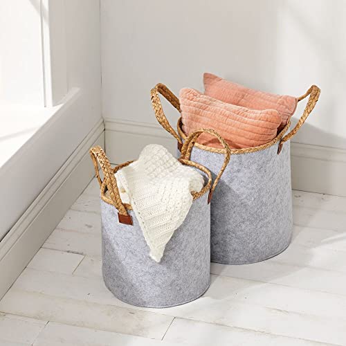 mDesign Round Felt Basket and Attached Braided Handles - Portable and Foldable for Compact Storage, Set of 2 - Gray