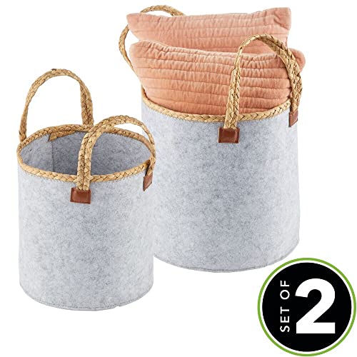 mDesign Round Felt Basket and Attached Braided Handles - Portable and Foldable for Compact Storage, Set of 2 - Gray