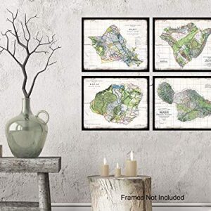 Rustic Hawaii Wall Decor Set - 8x10 Vintage Hawaiian Islands Decoration of Maui, Kauai, Oahu for Beach House, Ocean Home, Living Room, Office, Bedroom - Unique Gift for Tropical Art Fans - UNFRAMED