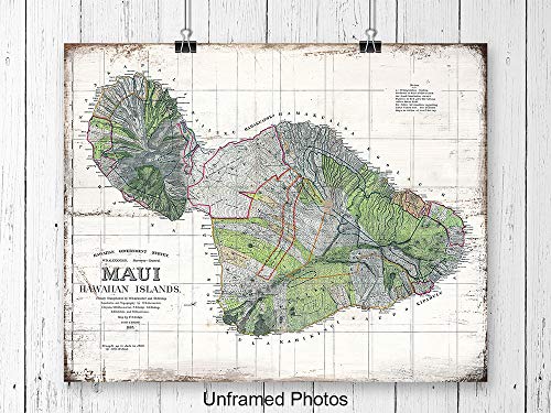 Rustic Hawaii Wall Decor Set - 8x10 Vintage Hawaiian Islands Decoration of Maui, Kauai, Oahu for Beach House, Ocean Home, Living Room, Office, Bedroom - Unique Gift for Tropical Art Fans - UNFRAMED