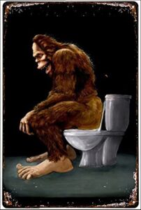 bigfoot sitting on toilet funny retro metal tin sign, vintage bathroom toilet decoration metal poster plaque for home bar restaurant cafe wall decor 8×12 inch