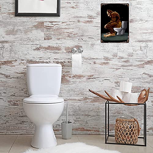 Bigfoot Sitting On Toilet Funny Retro Metal Tin Sign, Vintage Bathroom Toilet Decoration Metal Poster Plaque for Home Bar Restaurant Cafe Wall Decor 8x12 Inch
