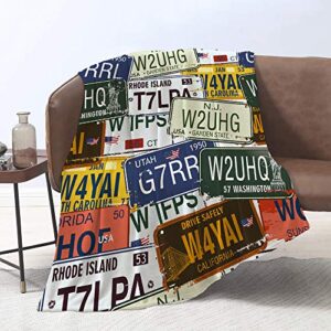 yunine blanket, 60 x 80 inches throw blanket car license plates in retro garage pattern soft warm blanket for bed couch sofa lightweight travelling camping comfort home decoration for all season