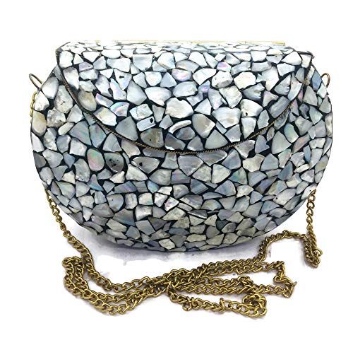 Women/Girls Bridal metal Sea shell clutch party sling bag Ethnic Indian Handmade mosaic metal bag