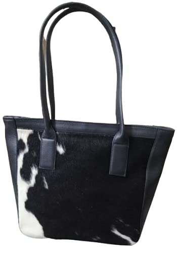 Exotic Cowhide Tote Bag Hair on black white Cowhide Women Purse Shoulder Bag (Brown)