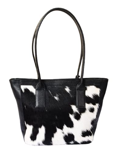 Exotic Cowhide Tote Bag Hair on black white Cowhide Women Purse Shoulder Bag (Brown)