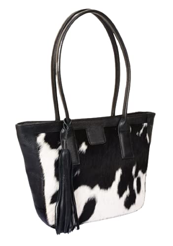 Exotic Cowhide Tote Bag Hair on black white Cowhide Women Purse Shoulder Bag (Brown)